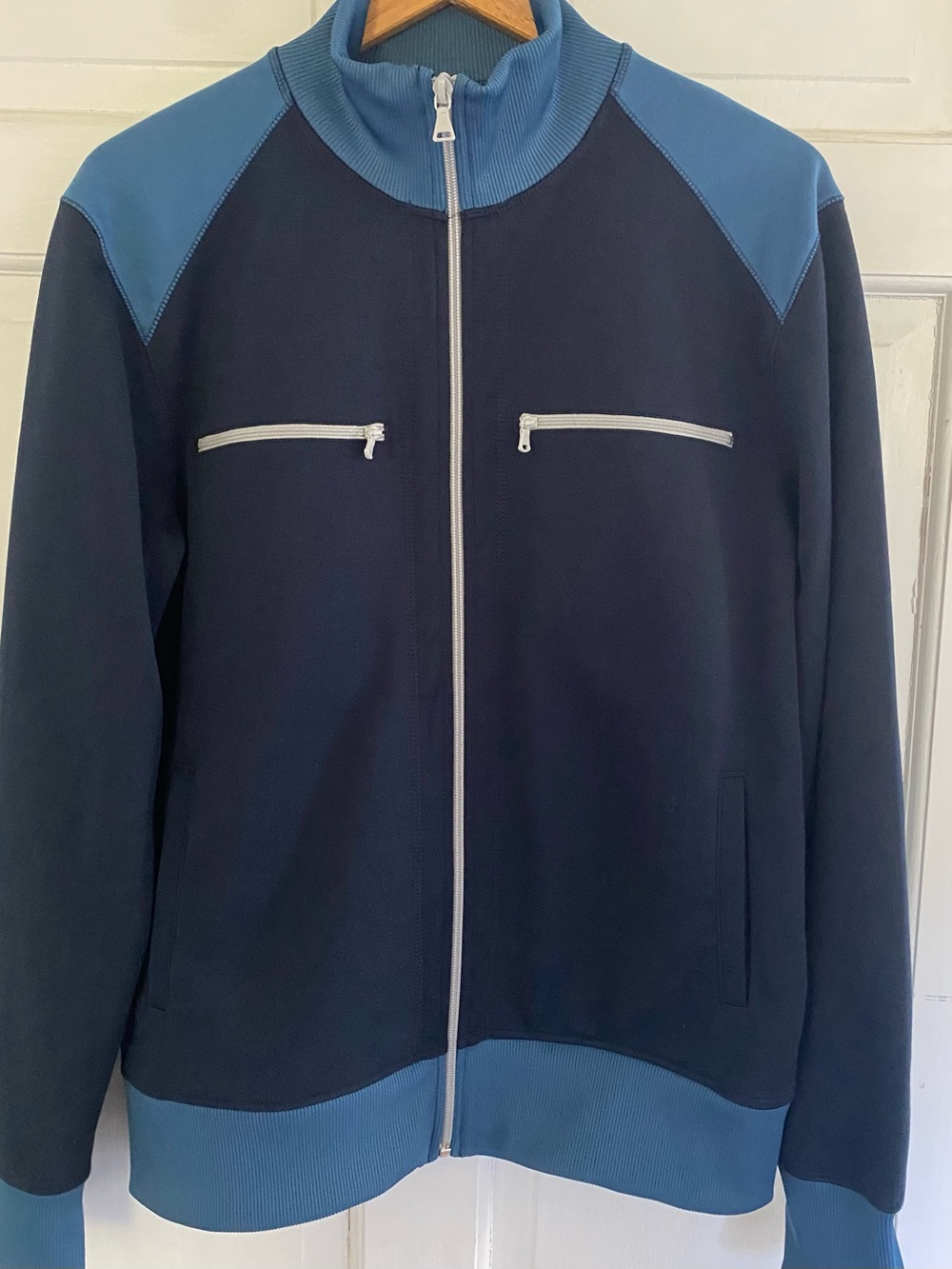 Express Men's Navy and Light Blue Zip-Up Sweater Jacket